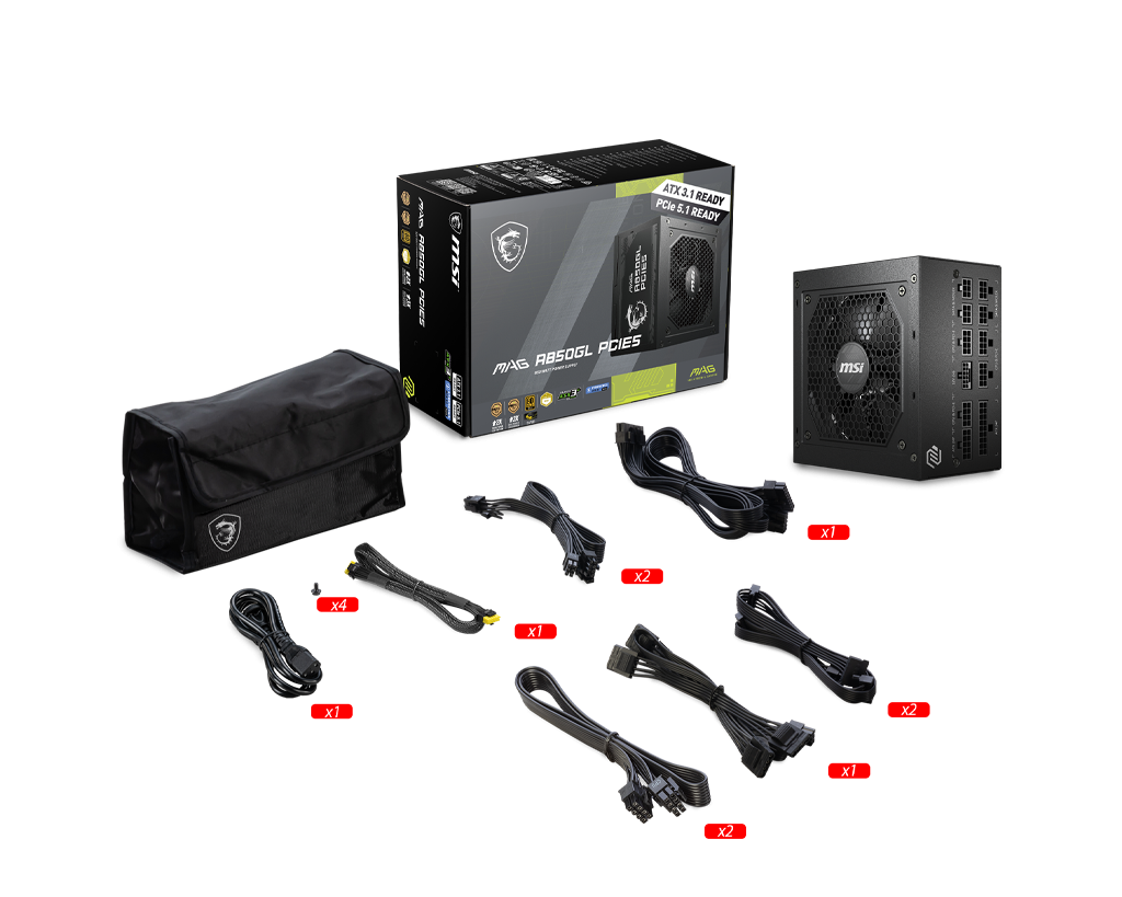 Fonte 850W MSI MAG A850GL, 80 Plus Gold, Modular, PFC Ativo, ATX 3.1, PCI 5.1, Com Cabo, Preto - Imagem 5