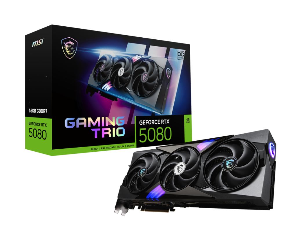 Placa de Vídeo RTX 5080 16GB Gaming Trio OC MSI NVIDIA GeForce, GDDR7, DLSS, Ray Tracing