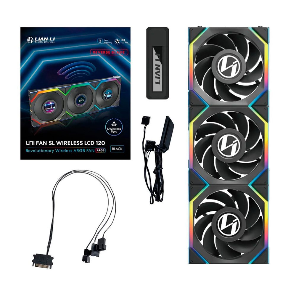 Kit 3x Cooler Fan Lian Li Uni Fan SL Display LCD Wireless Reverse Blade Preto 120mm PWM ARGB - 12RSLLCD1W3B