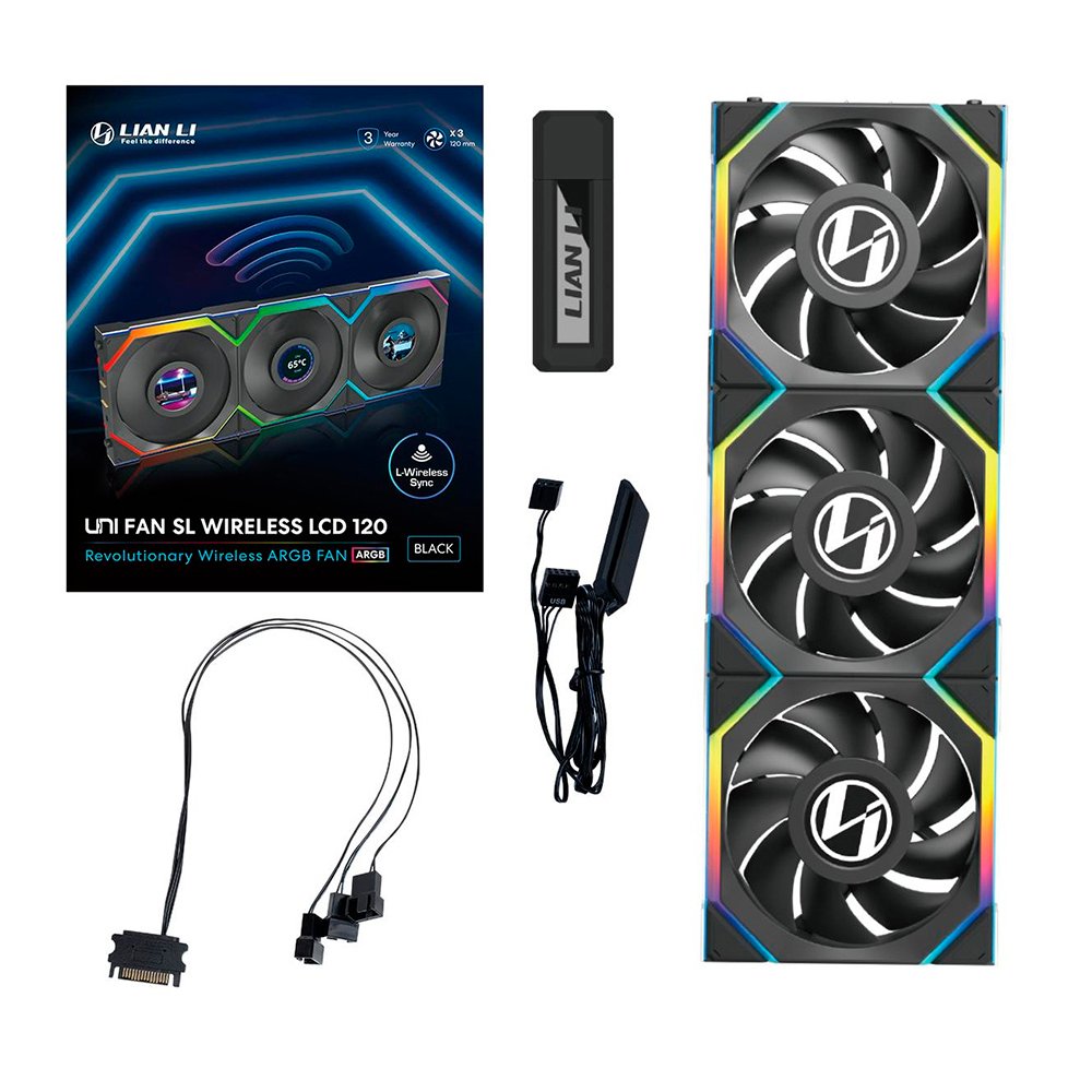 Kit 3x Cooler Fan Lian Li Uni Fan SL Display LCD Wireless Blade Preto 120mm PWM ARGB - 12SLLCD1W3B