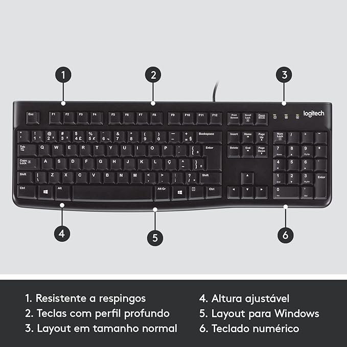 Teclado com fio USB Logitech K120 Resistente à Respingos e Layout ABNT2 -920-004423 - Imagem 7