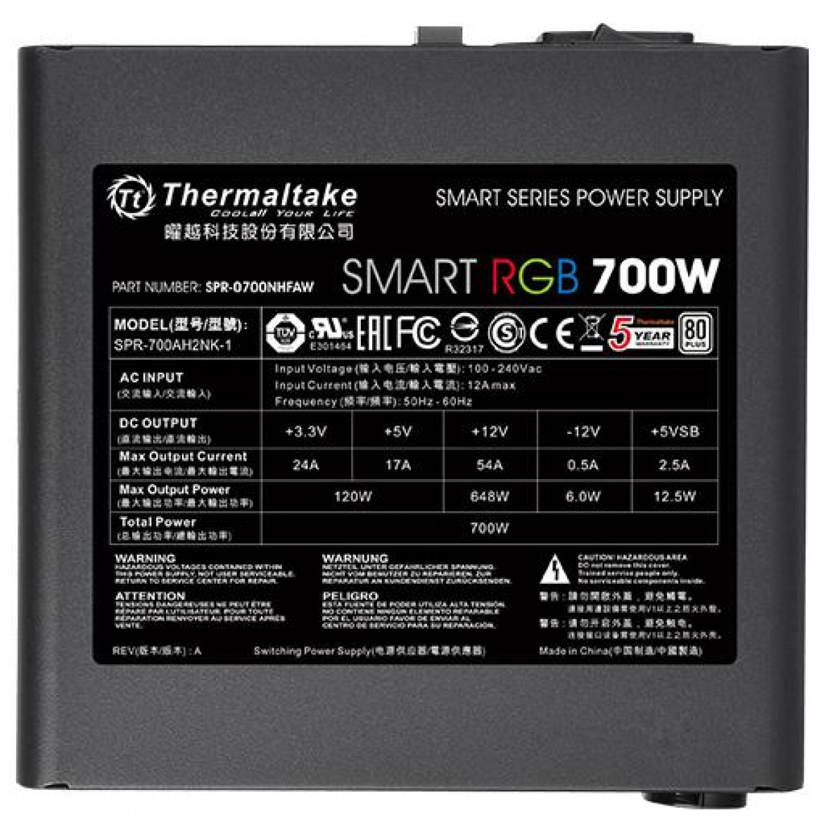 Fonte Thermaltake Smart Series RGB 700W, 80 Plus white, PFC Ativo, PS-SPR-0700NHFAWB-1 - Imagem 2