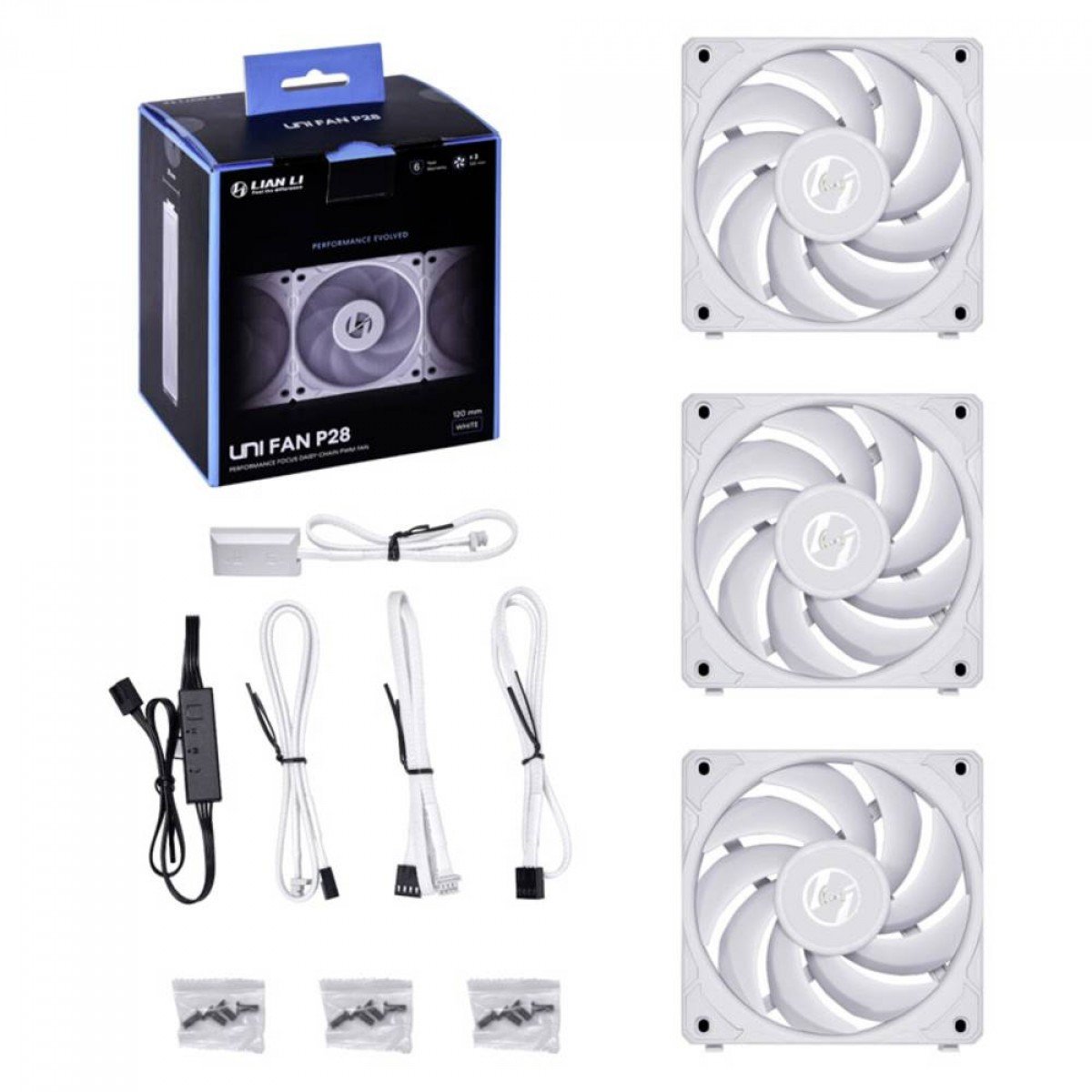 Kit 3x Coolers para Gabinete Lian Li Uni Fan P28 Performance Branca, 120mm, 92 CFM, 156 m³/h, 2600RPM - UF-P28120-3W