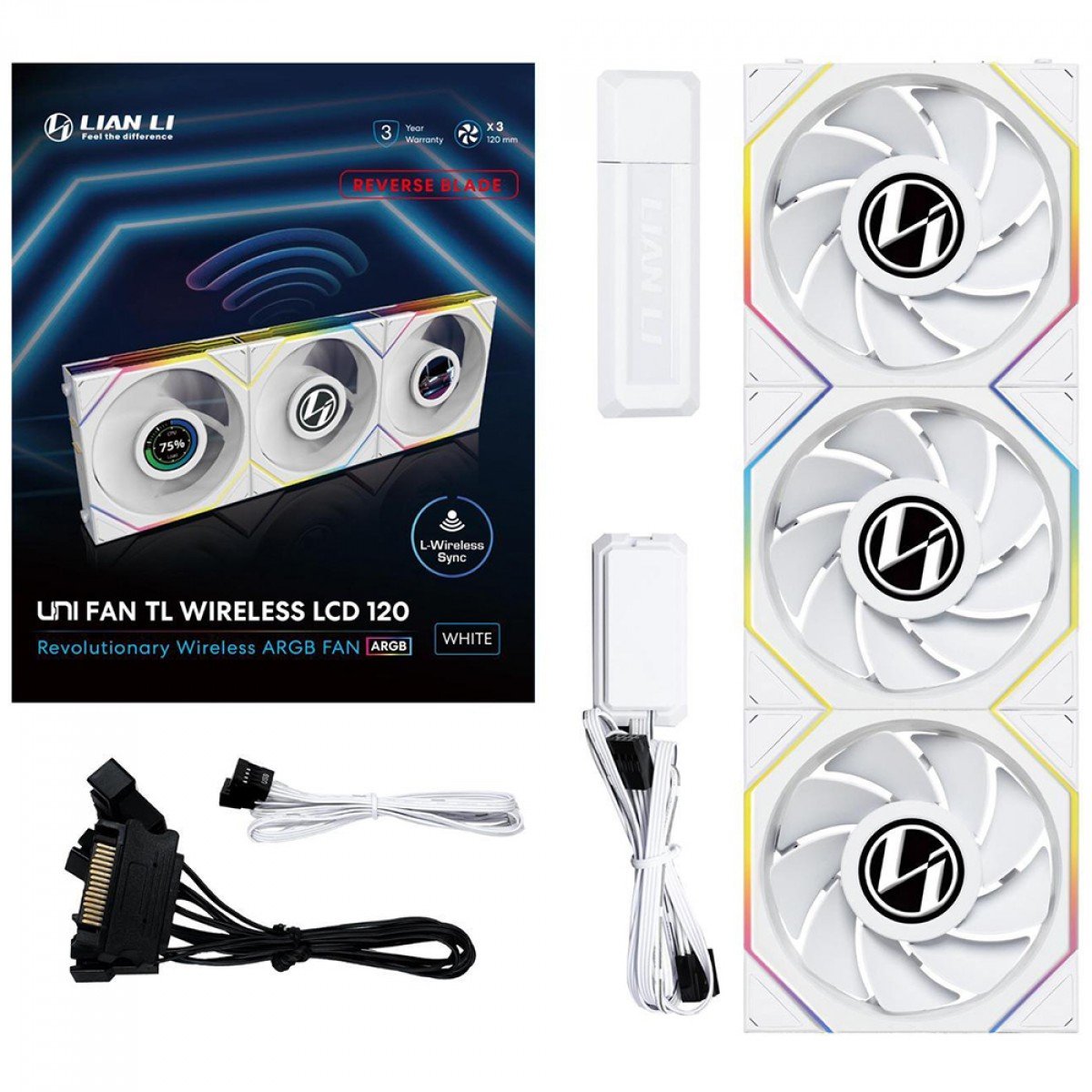 Kit 3x Cooler Fan Lian Li Uni Fan TL Wireless LCD Reverse Blade Branco 120mm PWM ARGB - 12RTLLCD1W3W