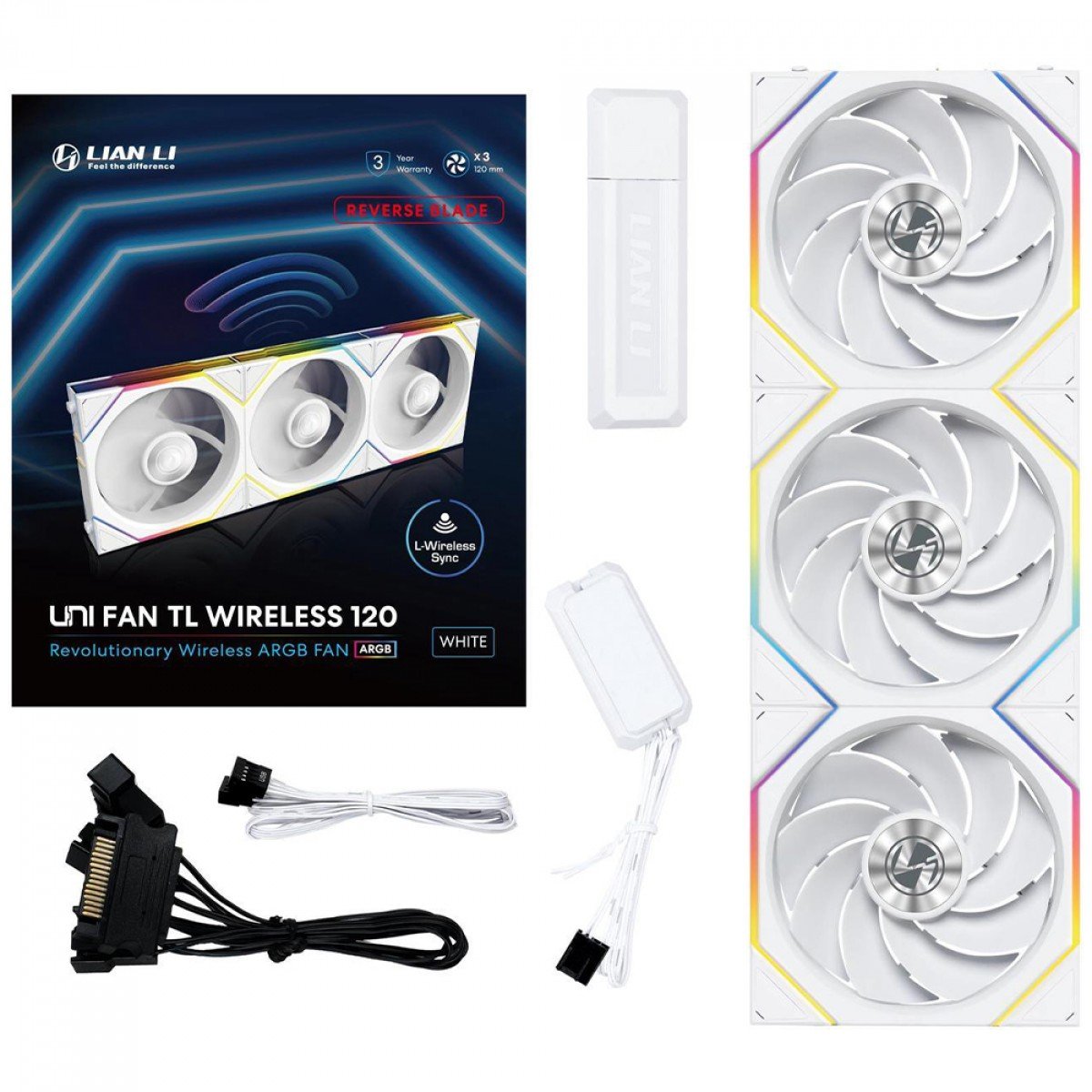 Kit 3x Cooler Fan Lian Li Uni Fan TL Wireless Reverse Blade Branco 120mm PWM ARGB, 2600 RPM - 12RTL1W3W