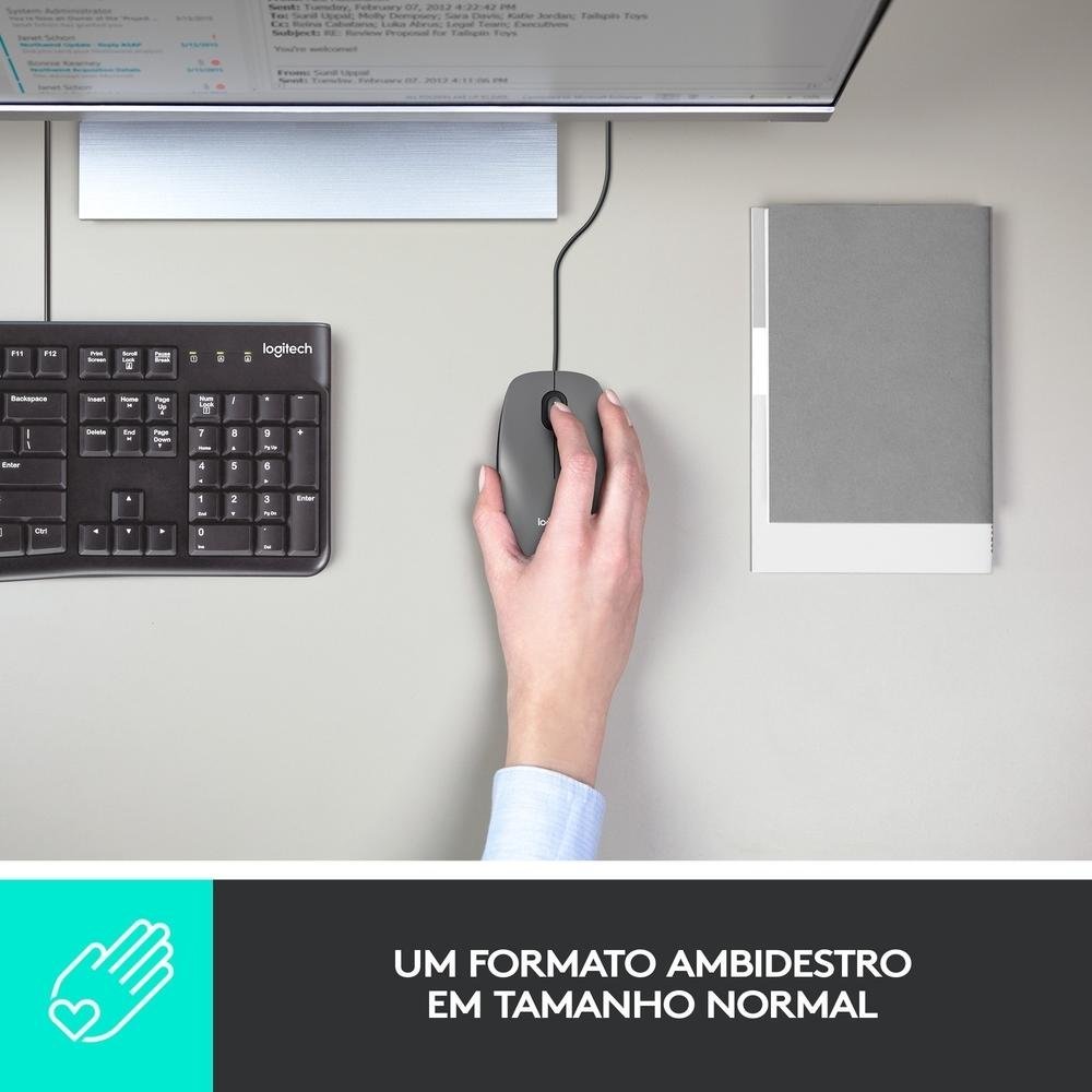 Mouse com fio USB Logitech M100 com Design Ambidestro e Facilidade Plug and Play, Cinza - 910-001601 - Imagem 3