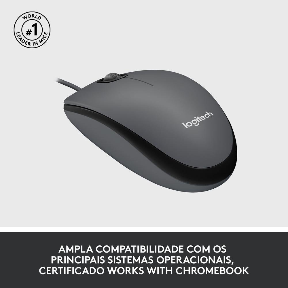 Mouse com fio USB Logitech M100 com Design Ambidestro e Facilidade Plug and Play, Cinza - 910-001601 - Imagem 5
