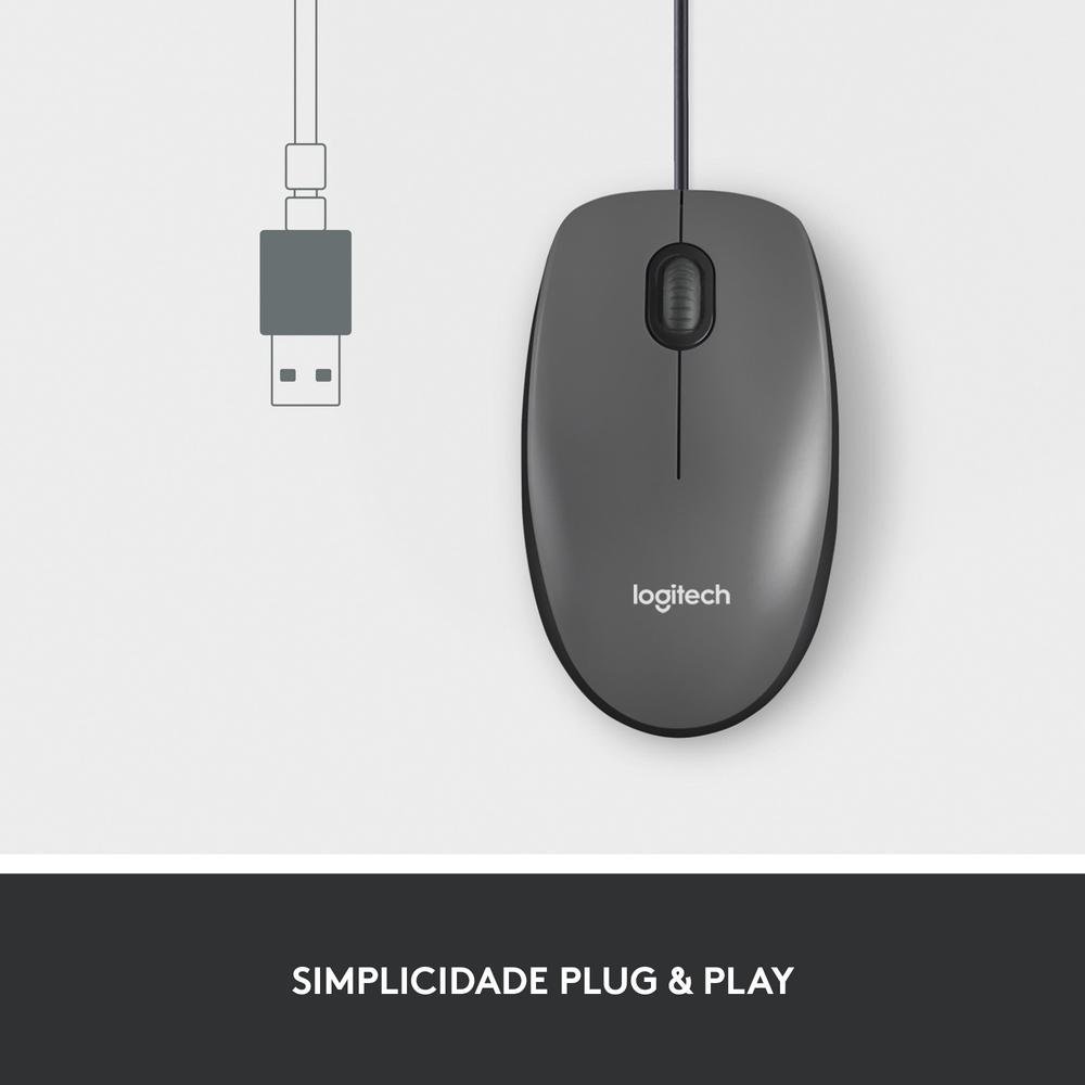 Mouse com fio USB Logitech M100 com Design Ambidestro e Facilidade Plug and Play, Cinza - 910-001601 - Imagem 6