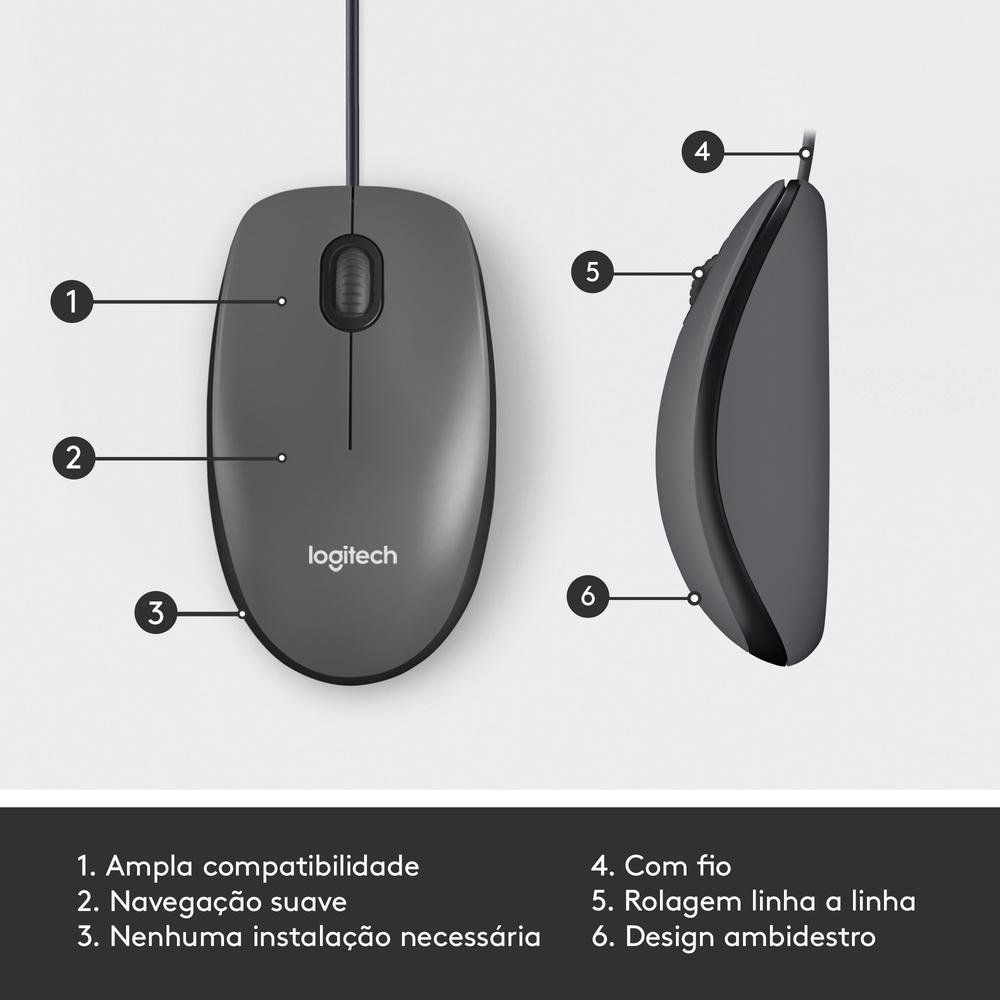 Mouse com fio USB Logitech M100 com Design Ambidestro e Facilidade Plug and Play, Cinza - 910-001601 - Imagem 7
