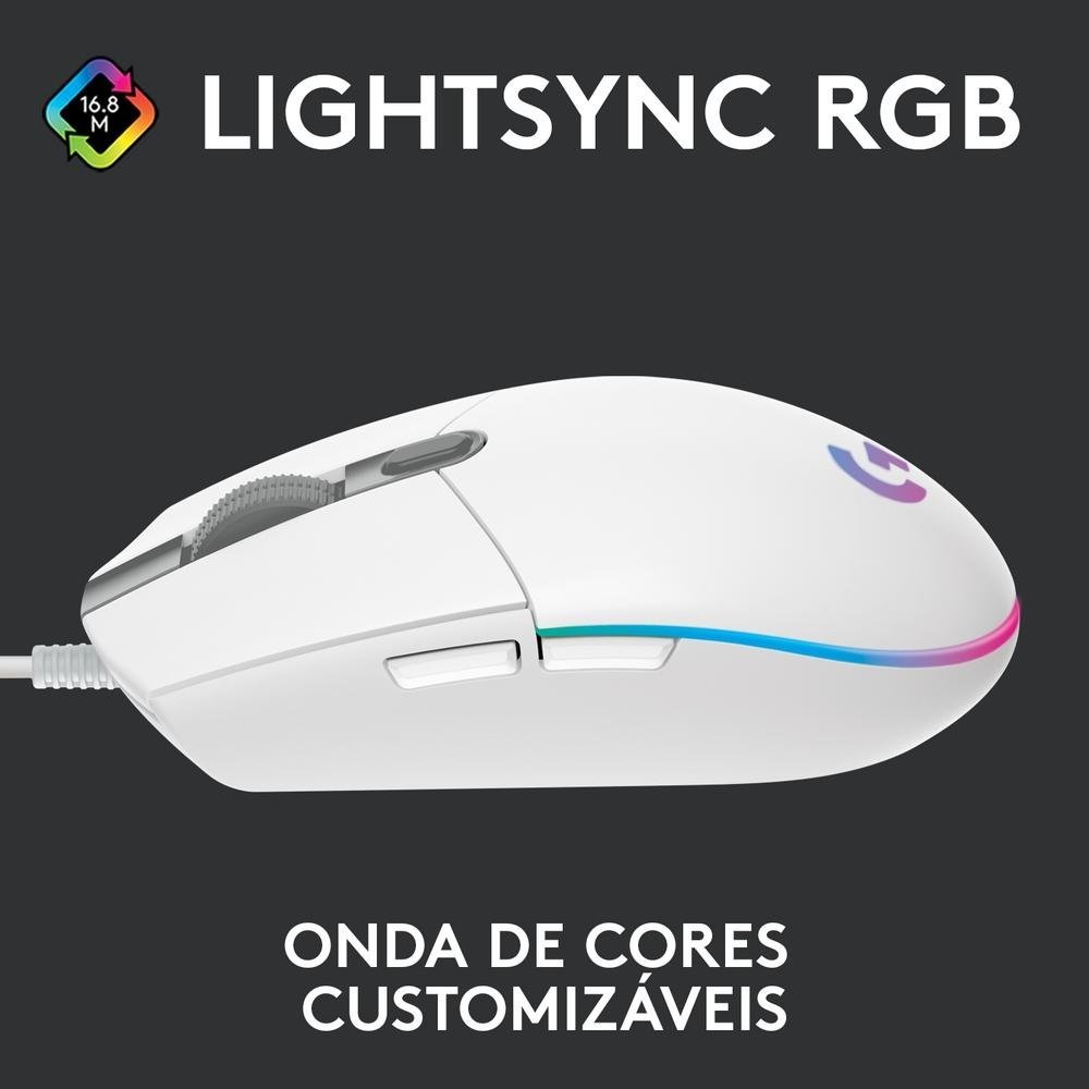 Mouse Gamer Logitech G203 RGB Lightsync, 6 Botões, 8000 DPI, Branco - 910-005794 - Imagem 3