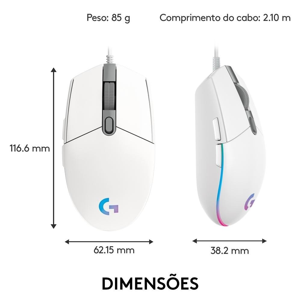 Mouse Gamer Logitech G203 RGB Lightsync, 6 Botões, 8000 DPI, Branco - 910-005794 - Imagem 9