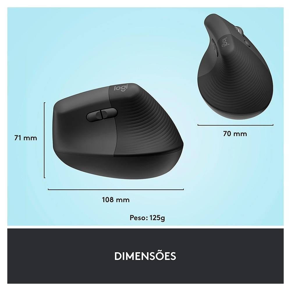 Mouse Sem Fio Logitech Lift, 4000 DPI, 6 Botões, Bluetooth, Ergonômico, Clique Silencioso, USB, Grafite - 910-006466 - Imagem 7