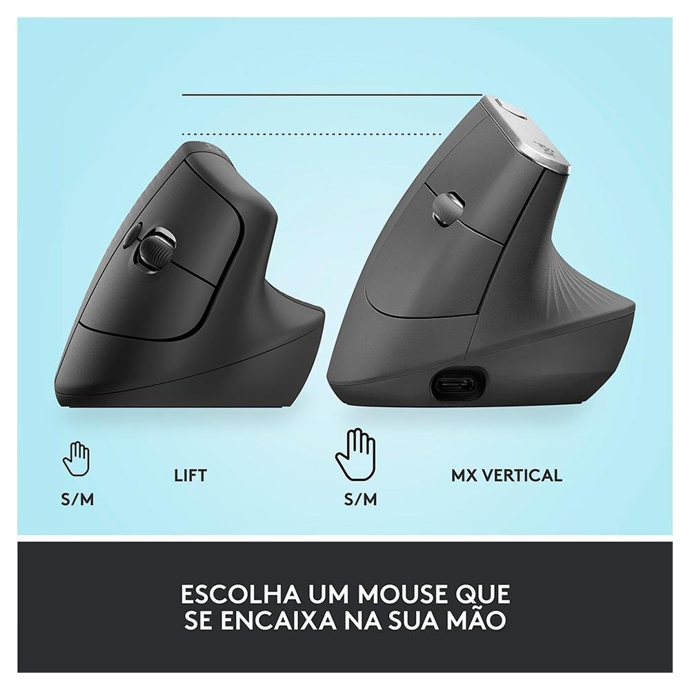 Mouse Sem Fio Logitech Lift, 4000 DPI, 6 Botões, Bluetooth, Ergonômico, Clique Silencioso, USB, Grafite - 910-006466 - Imagem 8