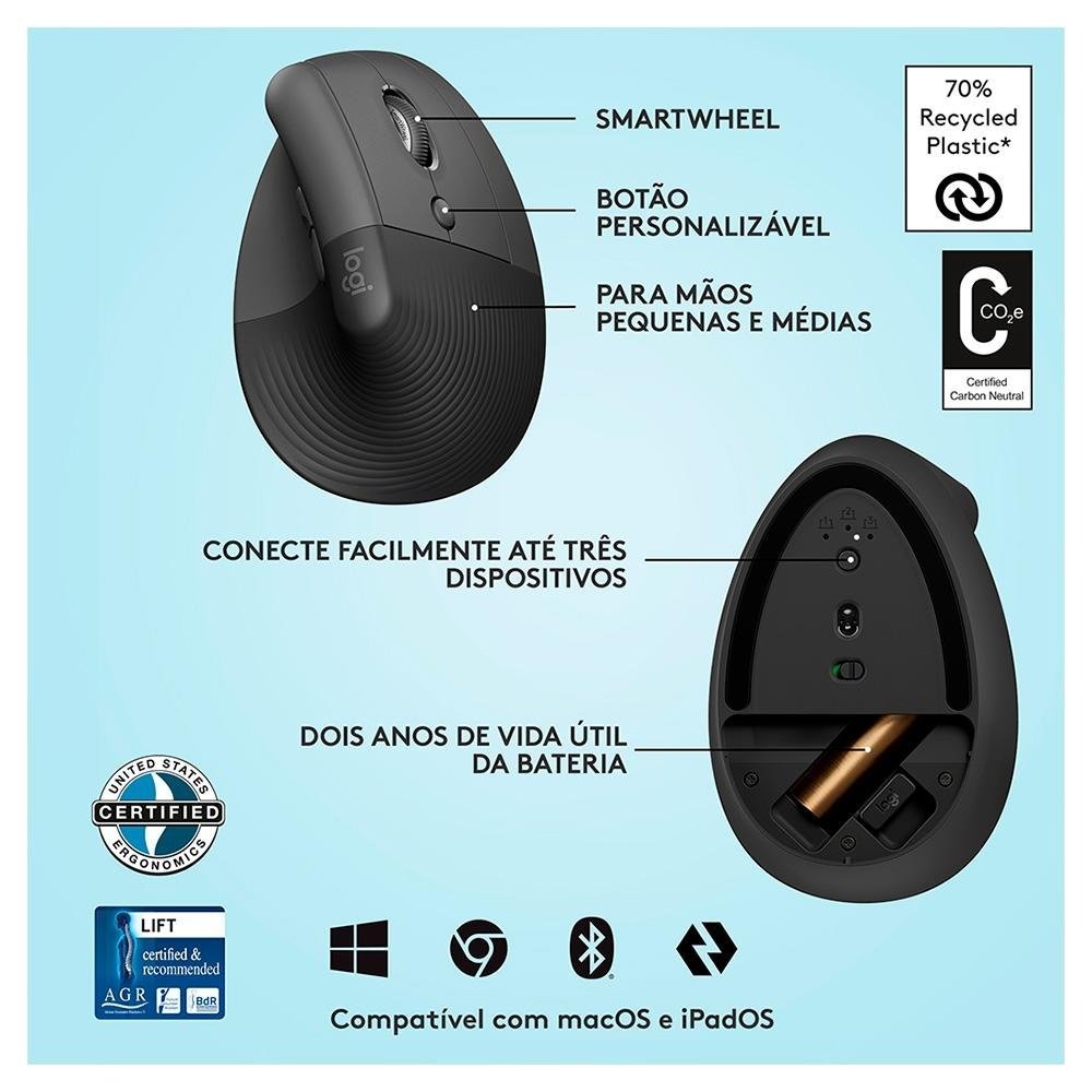 Mouse Sem Fio Logitech Lift, 4000 DPI, 6 Botões, Bluetooth, Ergonômico, Clique Silencioso, USB, Grafite - 910-006466 - Imagem 9