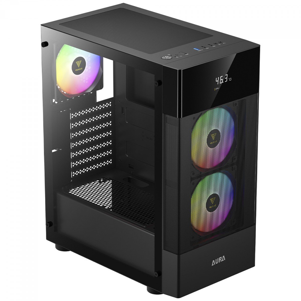 Gabinete Gamdias Aura GC5, Mid Tower, Vidro Temperado, Display Digital, ATX, Com 3 Fans ARGB