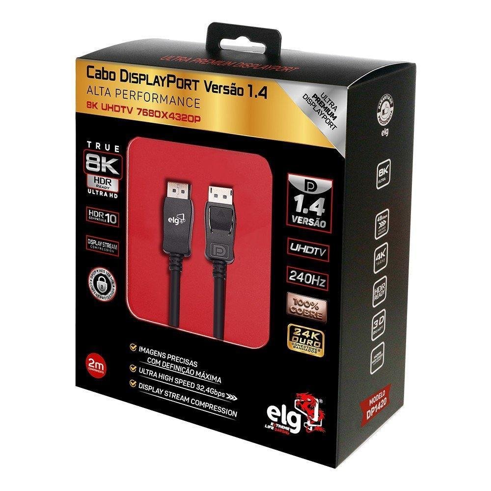 Cabo DisplayPort 1.4 ELG, HDR, 3D Ready, 8K/60Hz, 4K/120Hz, Full HD/240Hz, 2 Metros - DP1420