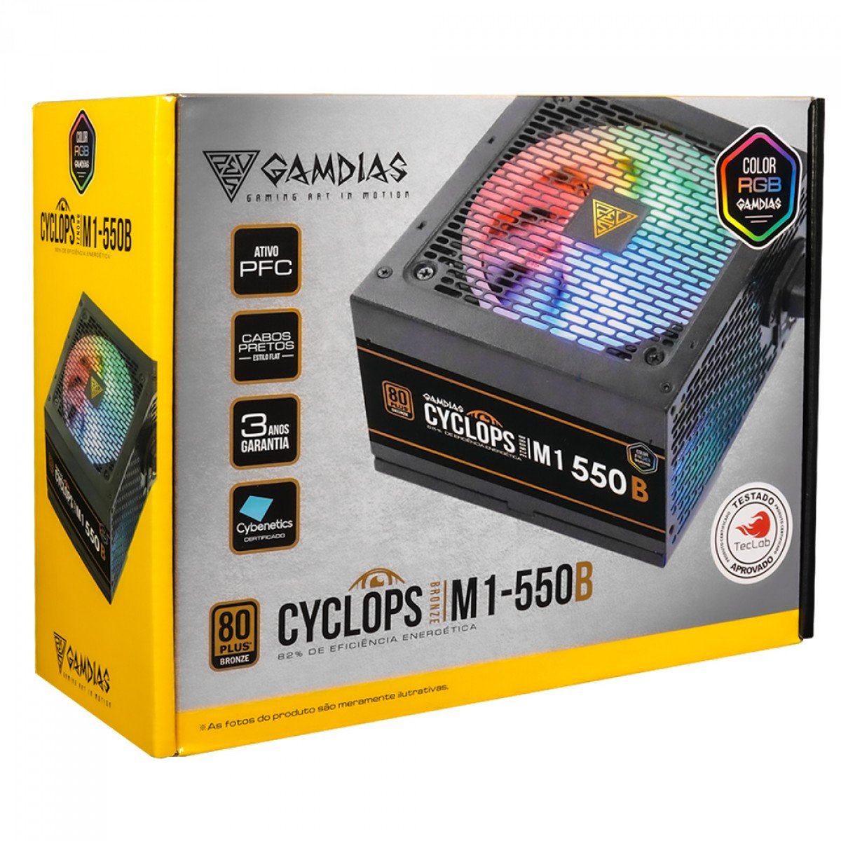 Fonte Gamdias Cyclops M1-550B, 550W, RGB, 80 Plus Bronze, Cybenetics, Teclab, PFC Ativo, Cabos Flat