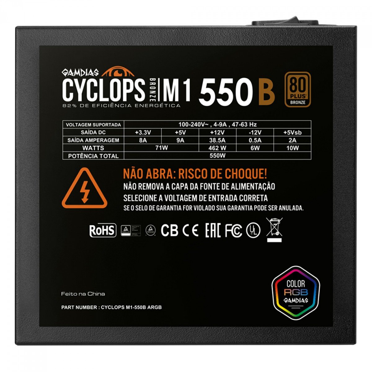 Fonte Gamdias Cyclops M1-550B, 550W, RGB, 80 Plus Bronze, Cybenetics, Teclab, PFC Ativo, Cabos Flat - Imagem 5