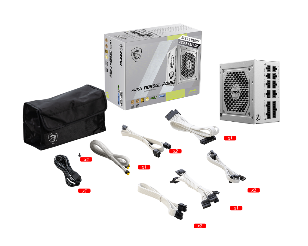 Fonte 850W Branca MSI MAG A850GL, 80 Plus Gold, Modular, PFC Ativo, ATX 3.1, PCIE 5.1 - Imagem 5