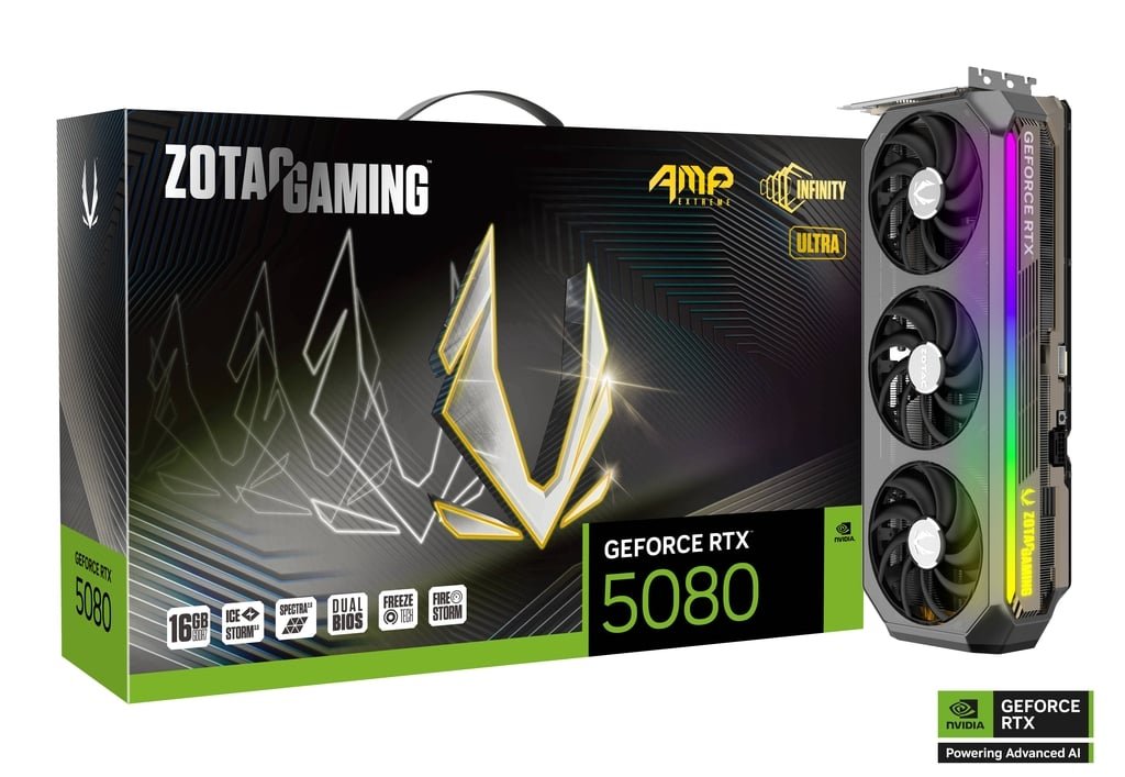 Placa de Vídeo RTX 5080 16GB OC ZOTAC NVIDIA GeForce AMP Extreme INFINITY Ultra OC GDDR7 DLSS 4, Ray Tracing